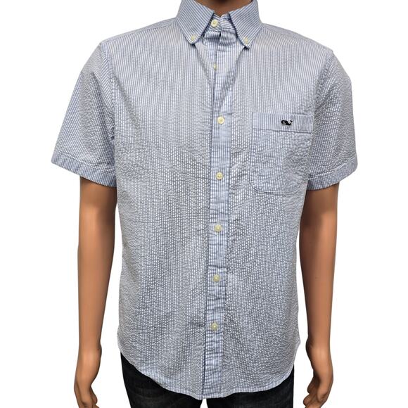 Vineyard Vines Seersucker Shirt Men S Short Sleeves Stretch Blue Striped Whale - Picture 4 of 13